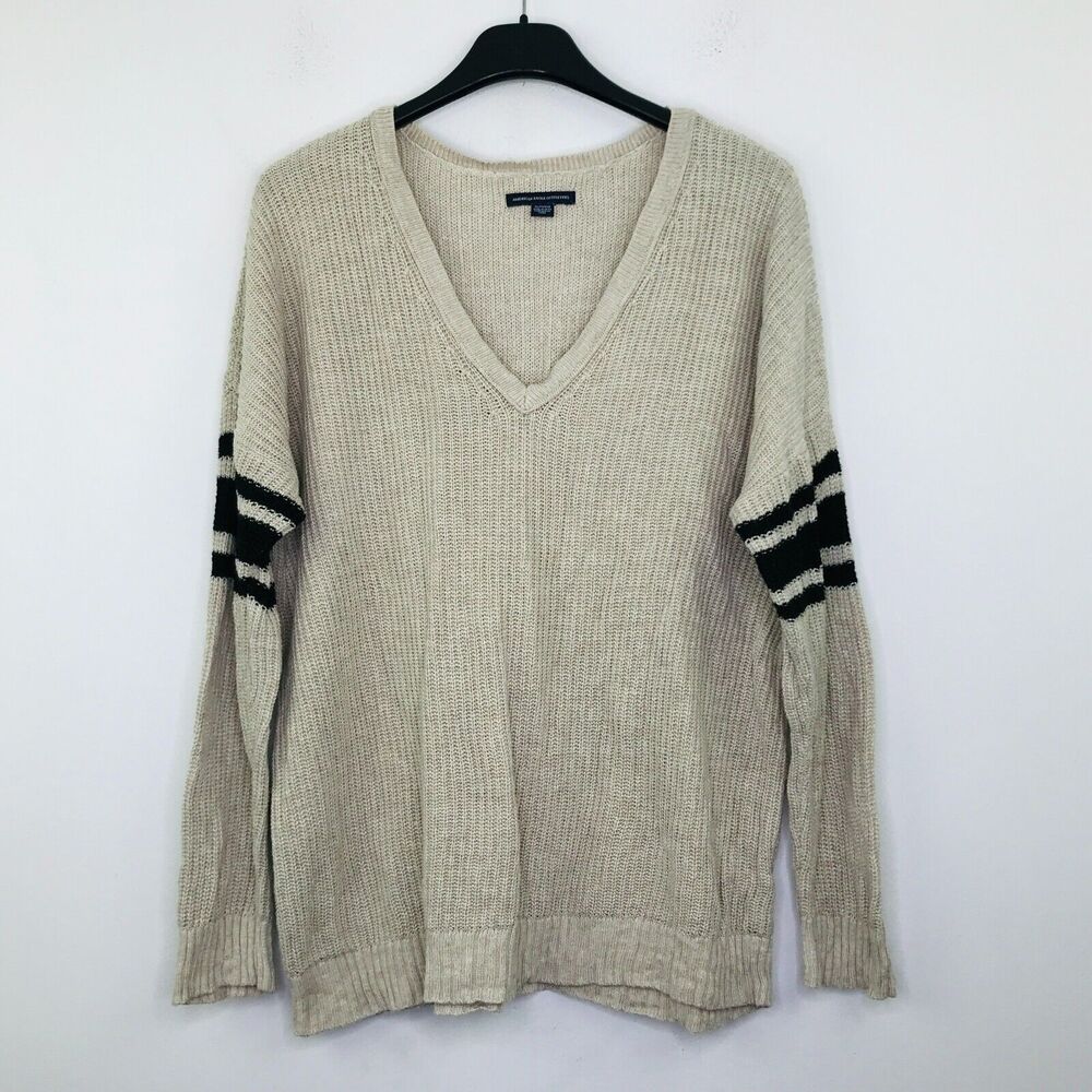 American Eagle Women's XL Sweater Beige Knit V-Neck Striped Sleeve Pullover BX9